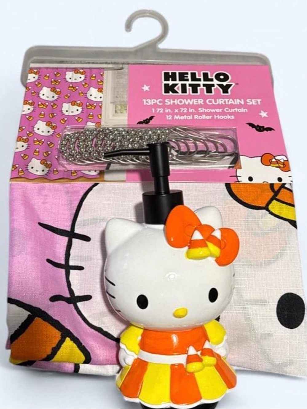 NWT Hello Kitty Candy Corn Pink Shower Curtain Set w Metal Roller Hooks & soap